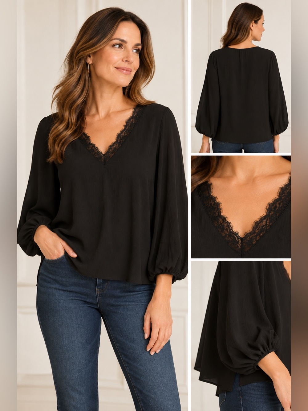Qearal Black Lace V-Neck Balloon Sleeve Blouse NWT M